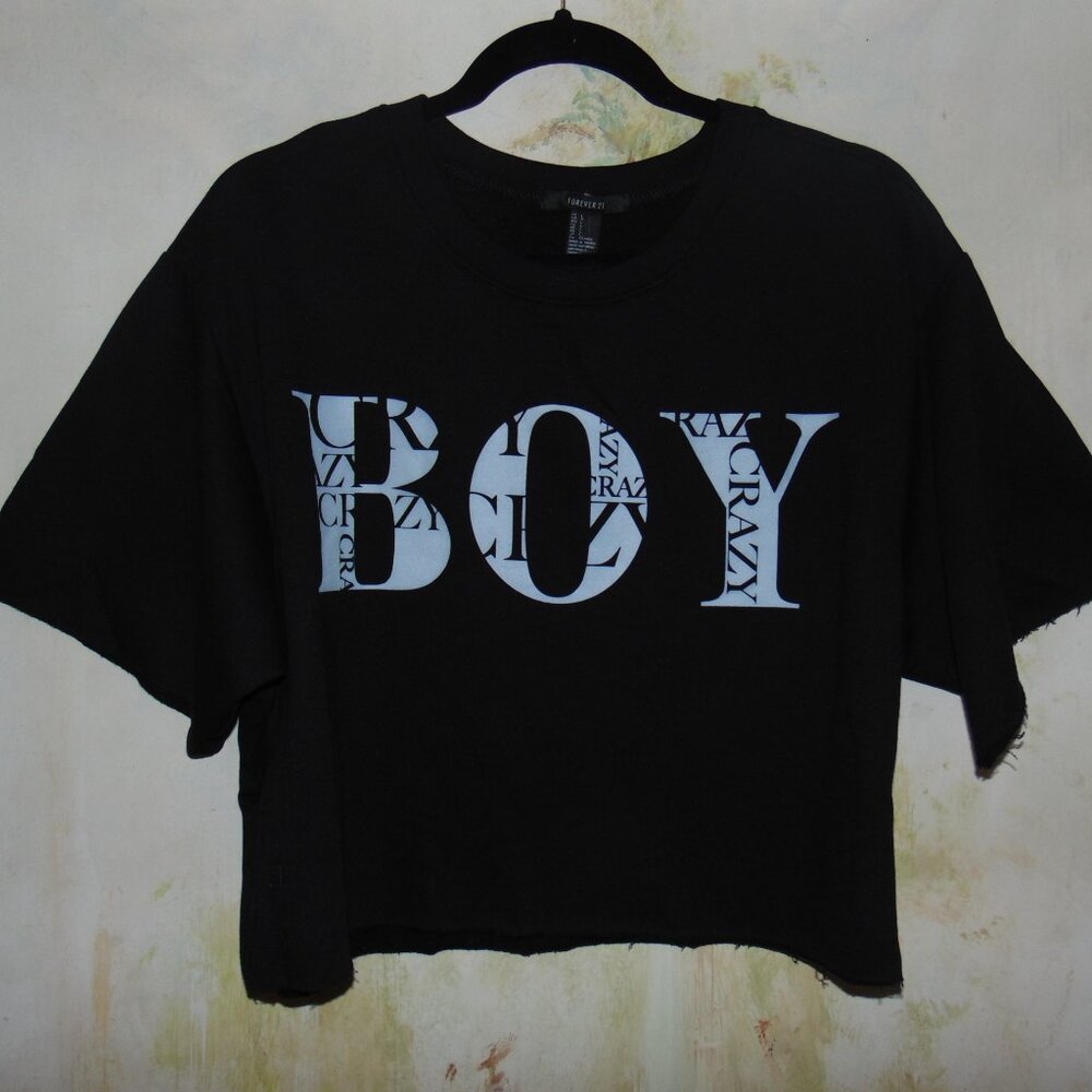 BOY CRAZY Forever21 Black White Spell Out Cropped Fleece Casual Large Knit